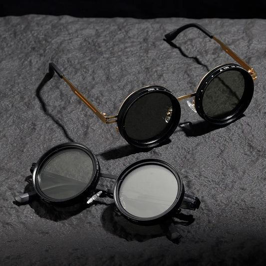 Luxury 9 Level Color Changing Sunglasses with Round Steampunk Design and Metal Frame